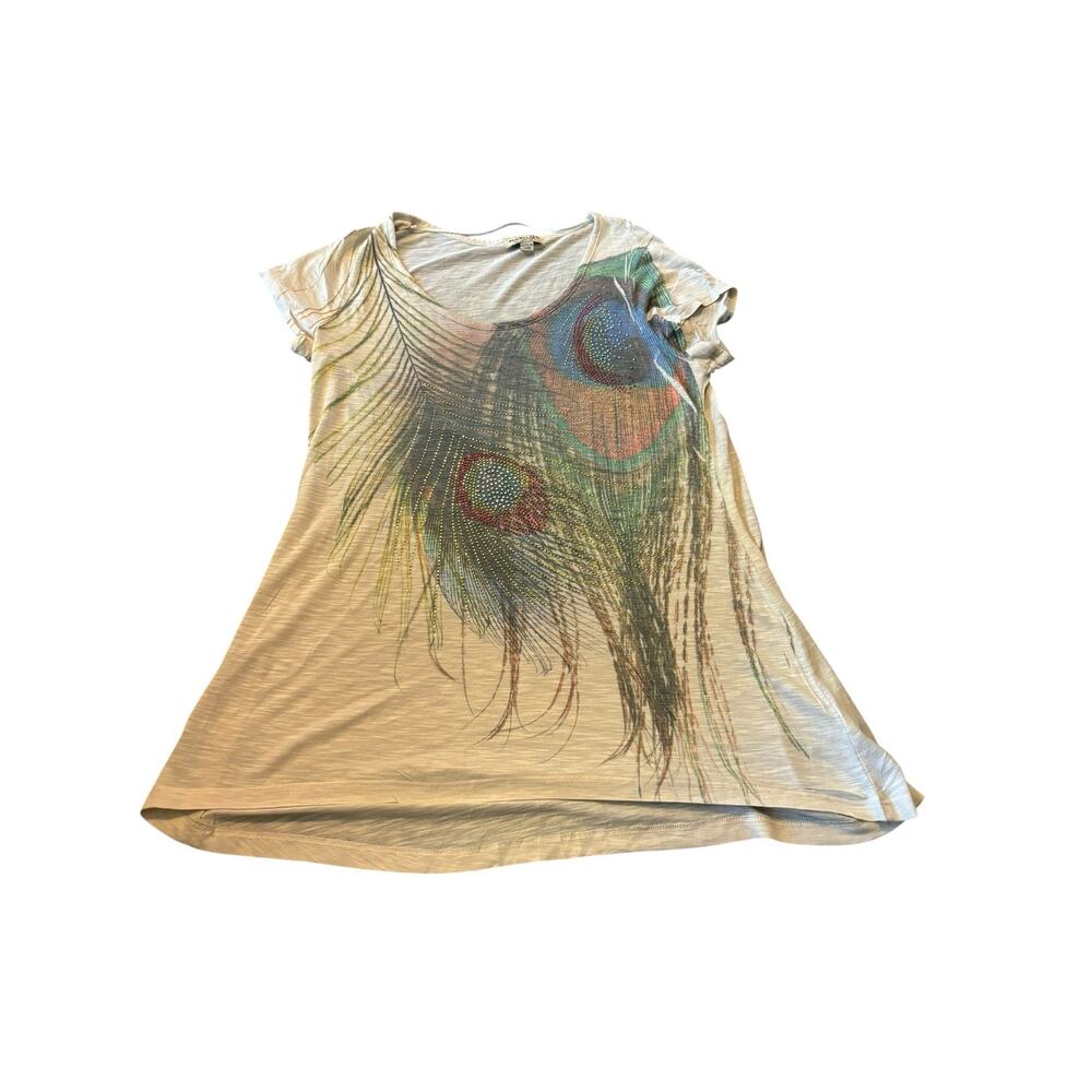 One World Cream Peacock Feather Print Embellished Size M